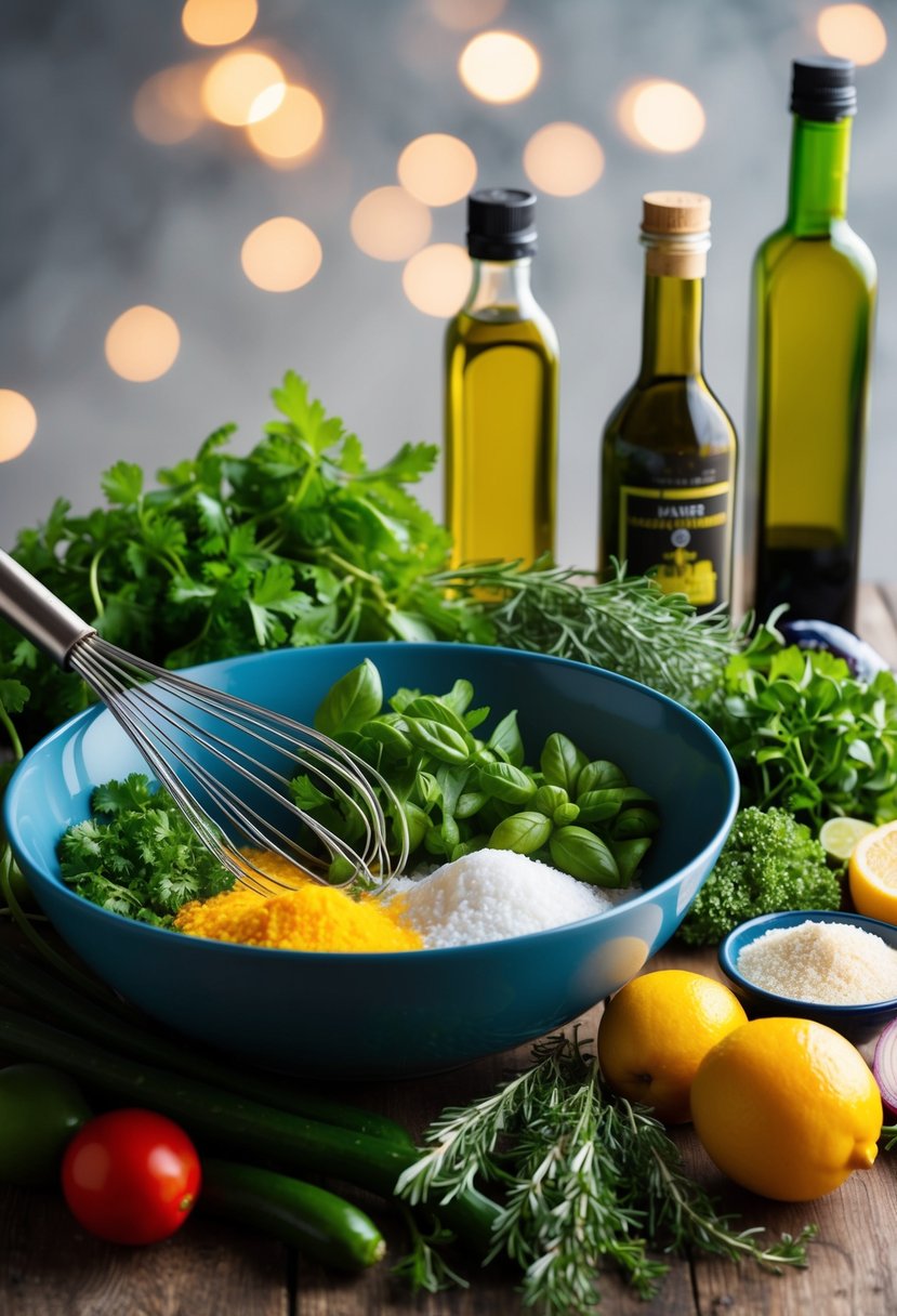 A variety of fresh ingredients and herbs arranged around a mixing bowl and whisk. Bottles of olive oil and vinegar sit nearby