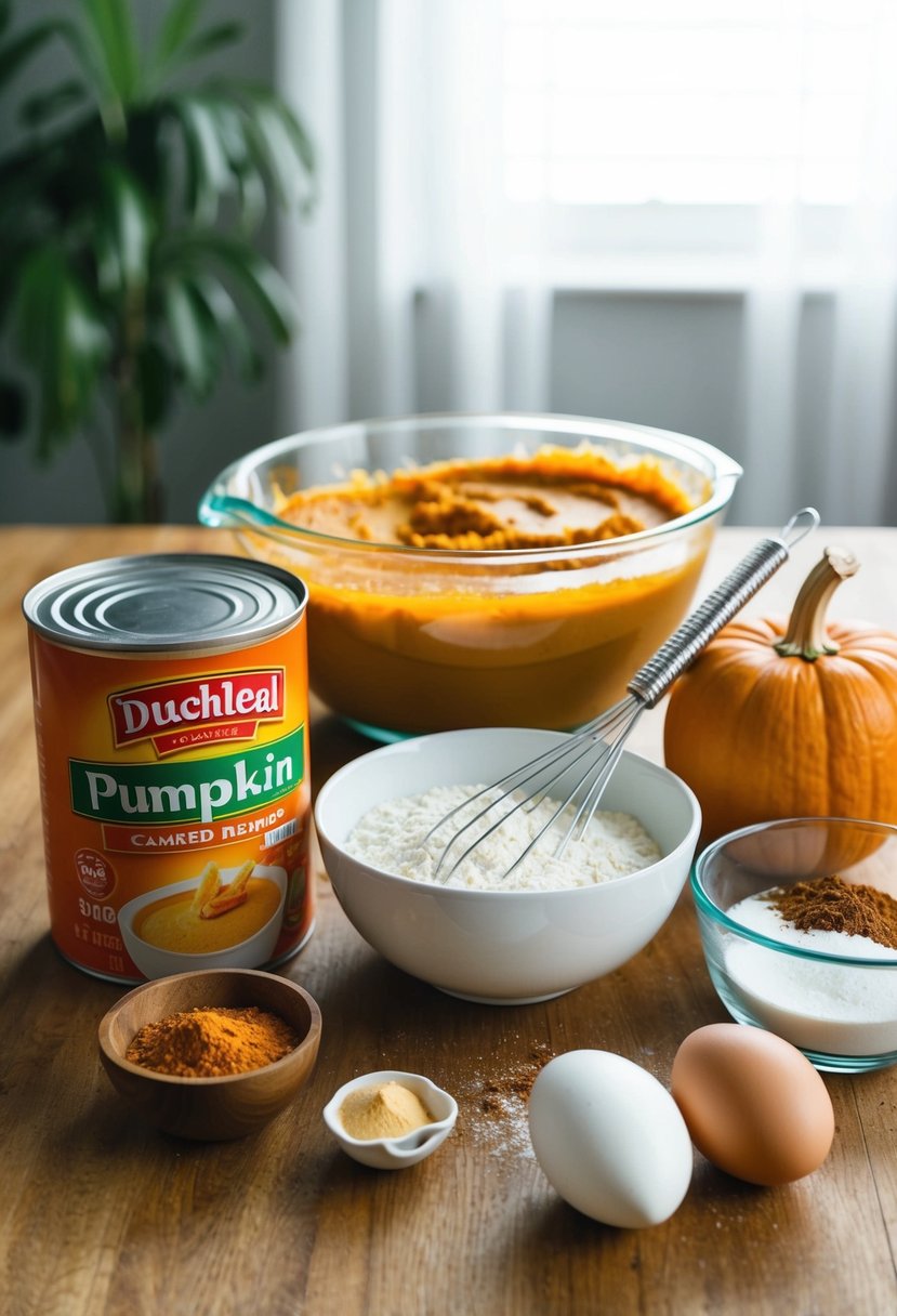 A table set with ingredients for a pumpkin cake: canned pumpkin, flour, sugar, eggs, spices, and a mixing bowl with a whisk