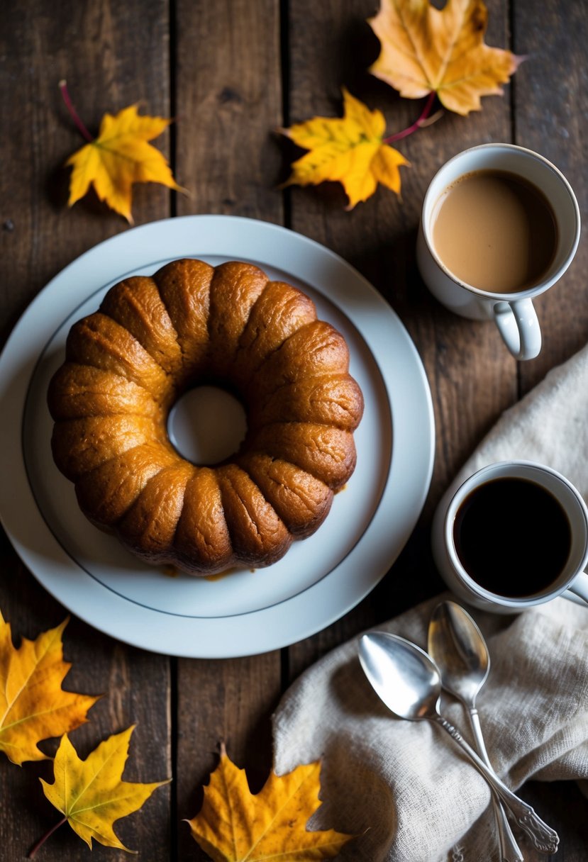 A rustic kitchen table with a freshly baked pumpkin spice cake, surrounded by autumn leaves and a warm mug of coffee