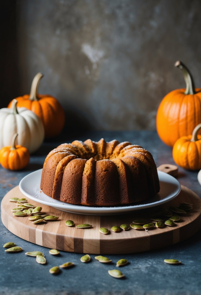 A rustic kitchen counter with a freshly baked pumpkin cake on a wooden cutting board, surrounded by a few scattered pumpkin seeds