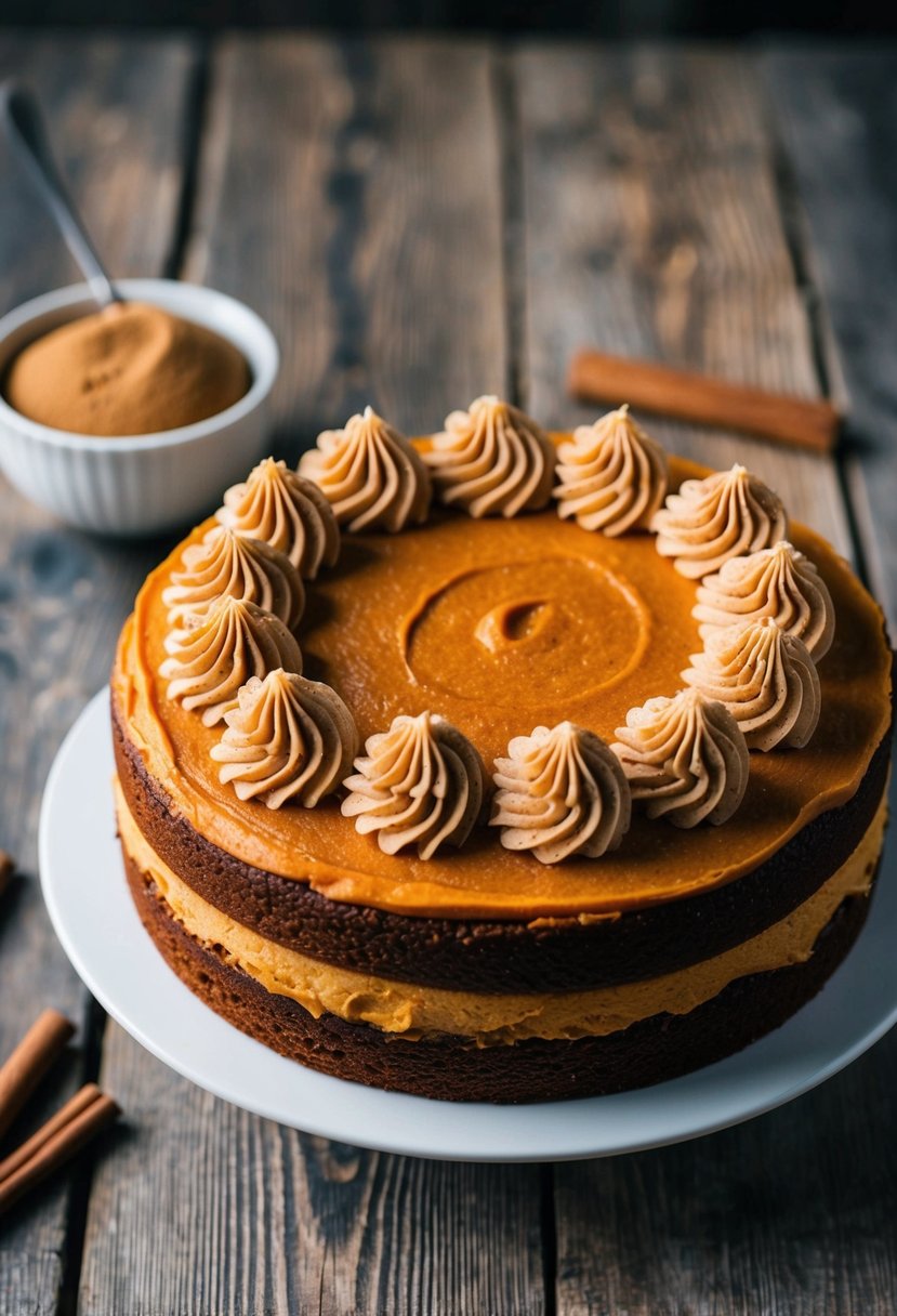 A pumpkin cake topped with swirls of cinnamon frosting on a rustic wooden table