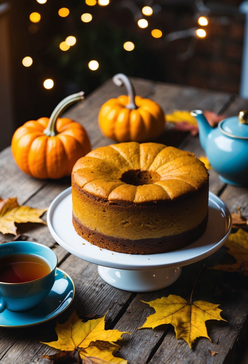 A rustic kitchen table with a freshly baked dairy-free pumpkin cake surrounded by autumn leaves and a warm cup of tea