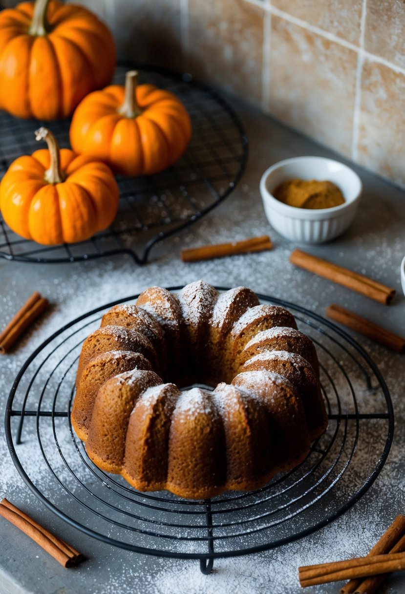 A rustic kitchen counter with a freshly baked pumpkin bundt cake cooling on a wire rack, surrounded by scattered cinnamon sticks and a dusting of powdered sugar