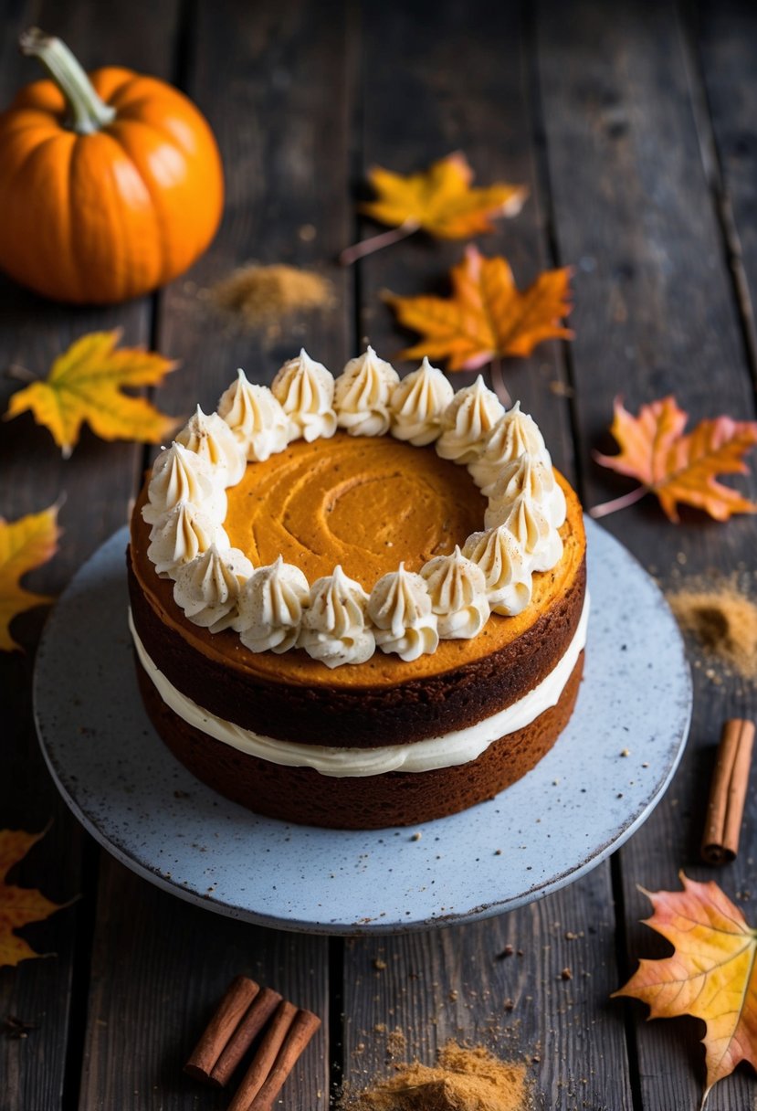 A pumpkin cake topped with whipped cream cheese frosting sits on a rustic wooden table, surrounded by autumn leaves and a scattering of cinnamon and nutmeg