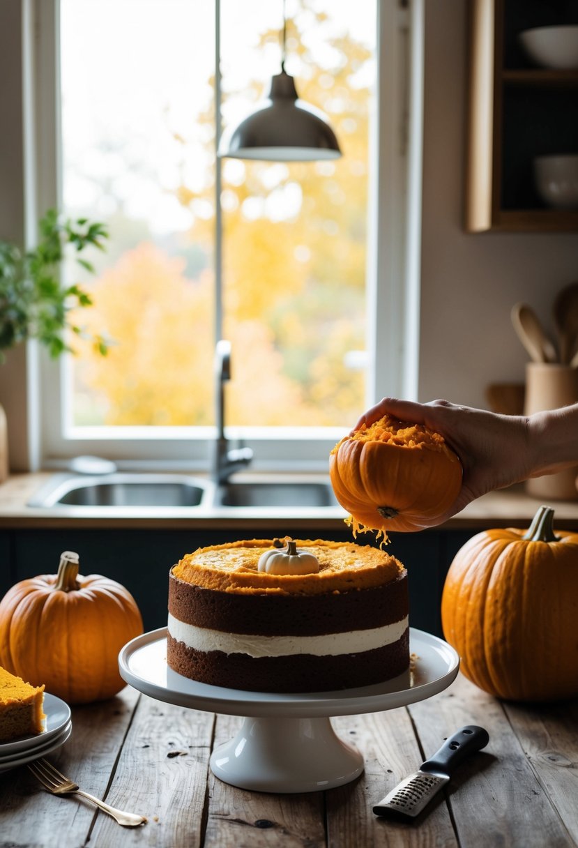 A rustic kitchen table with a freshly baked pumpkin cake and a whole pumpkin being grated