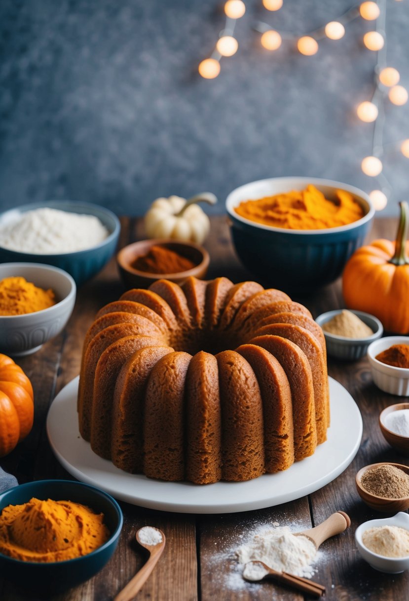 A table with a freshly baked vegan pumpkin cake surrounded by ingredients like pumpkin puree, flour, and spices