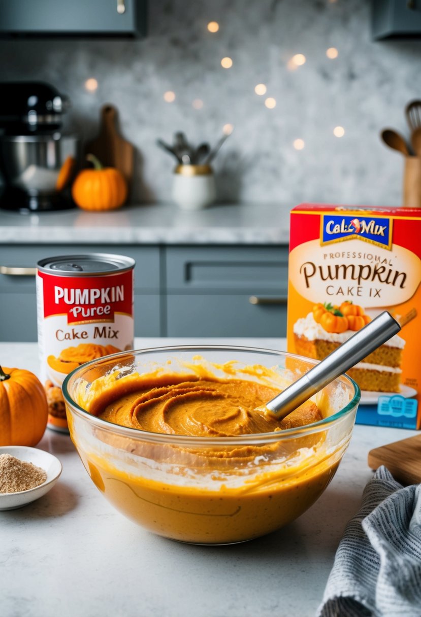 A mixing bowl filled with pumpkin cake batter, a can of pumpkin puree, and a box of cake mix on a kitchen counter