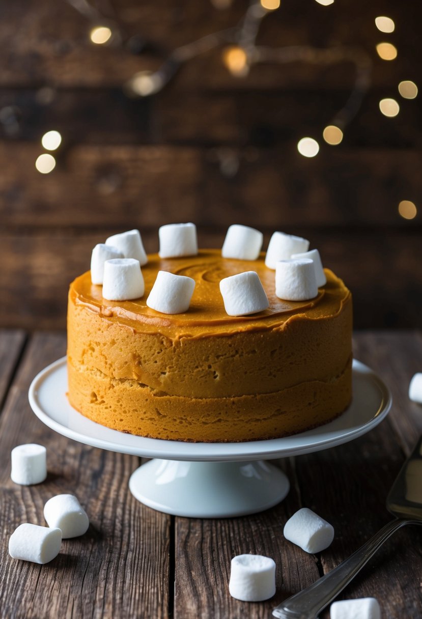 A frosted pumpkin cake topped with marshmallows on a rustic wooden table