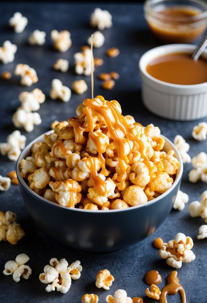 A bowl of caramel puff corn surrounded by scattered popcorn kernels and a drizzle of caramel sauce