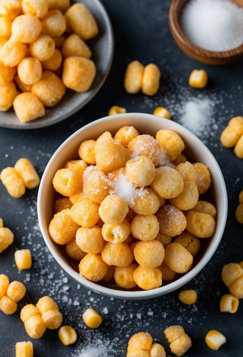 A bowl of sweet and salty puff corn delight surrounded by scattered kernels and a sprinkle of sugar and sea salt