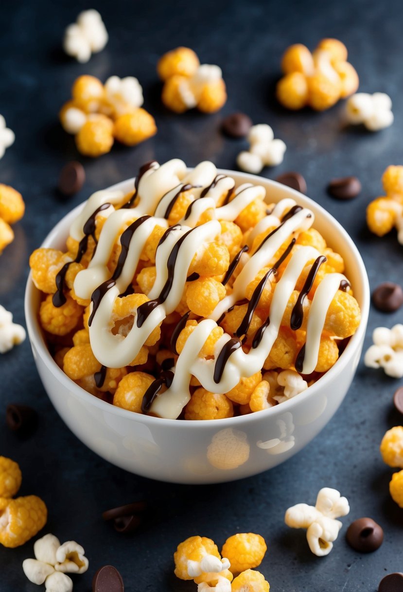 A bowl of puffed corn crunch drizzled with white chocolate, surrounded by scattered popcorn kernels and a few chocolate chips