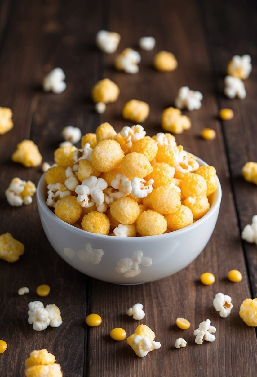 A bowl of candied puff corn sits on a wooden table, surrounded by scattered popcorn kernels and a few scattered pieces of candy