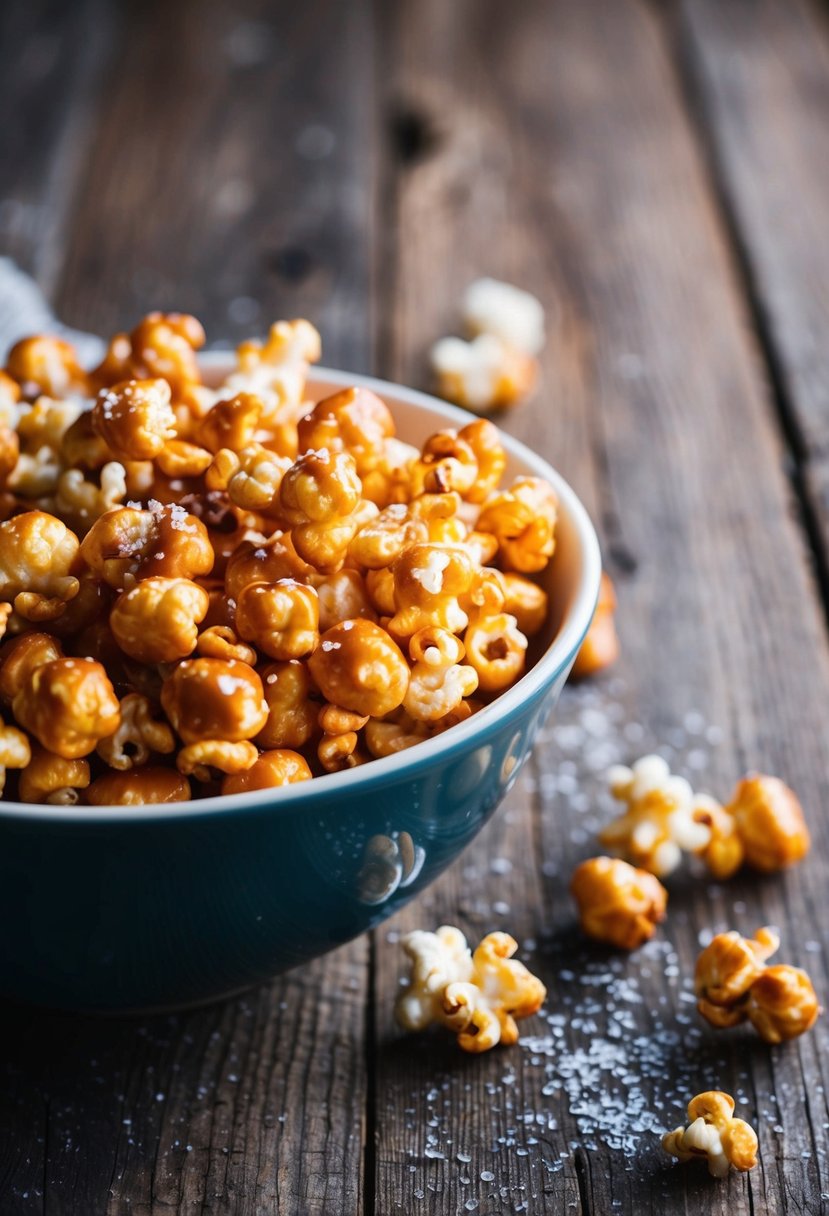 A bowl of caramel-coated puffed popcorn with a sprinkle of sea salt on a rustic wooden table