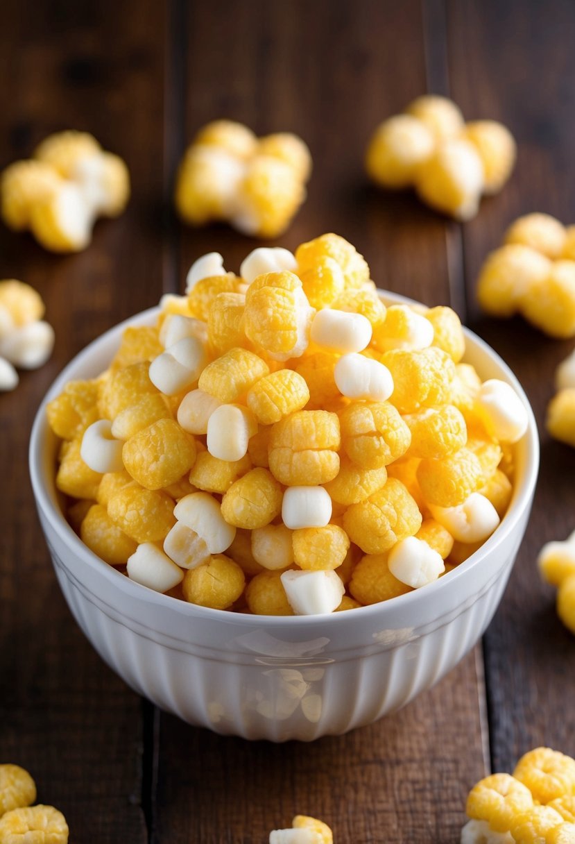 A bowl of golden, buttery puff corn overflowing from a homemade recipe