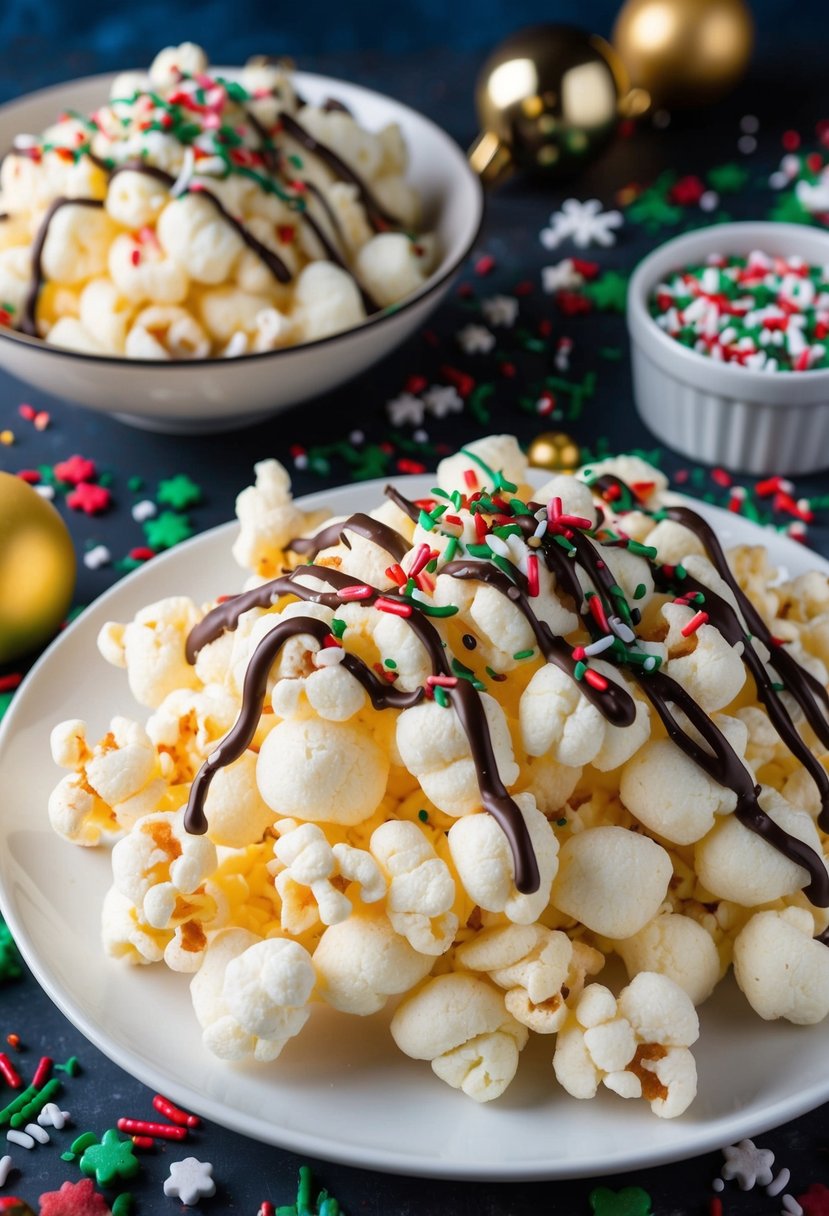 A festive holiday table spread with Christmas Crack Puff Corn, adorned with colorful sprinkles and drizzled with chocolate