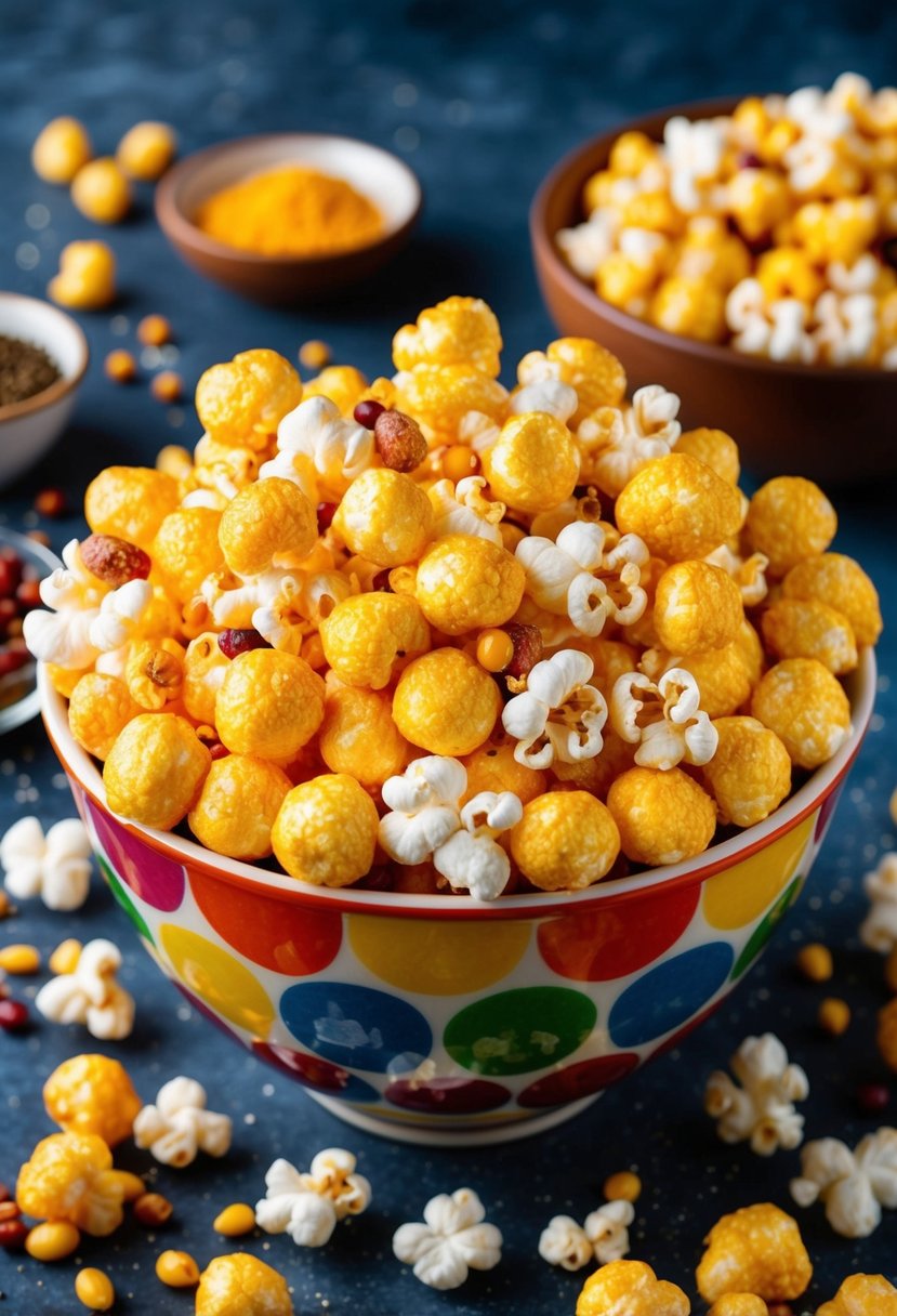 A colorful bowl overflows with golden puffed popcorn coated in a mix of salty and sweet flavors, surrounded by scattered kernels and ingredients