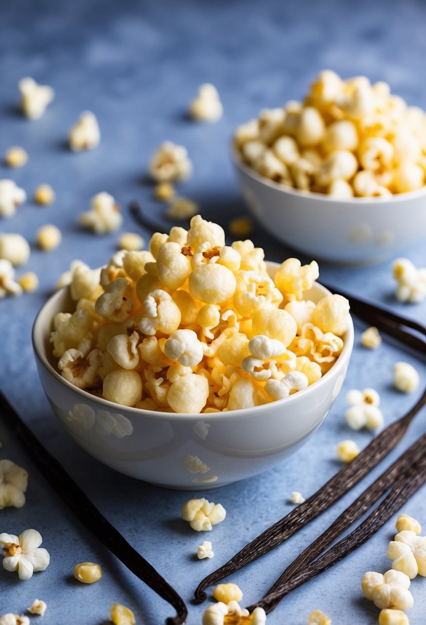 A bowl of vanilla-infused puff corn surrounded by vanilla beans and a scattering of loose popcorn kernels