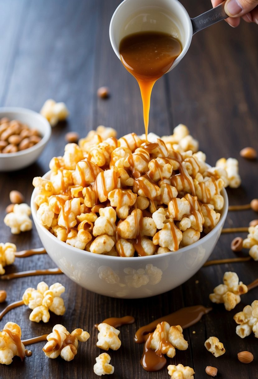 A bowl of caramel-coated puff corn surrounded by scattered kernels and a drizzle of caramel sauce