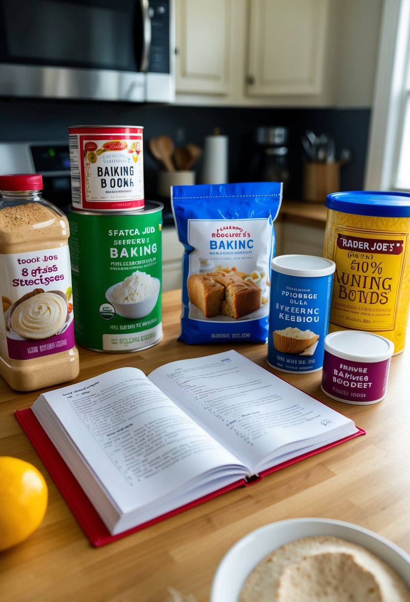 A kitchen counter with assorted baking ingredients and Trader Joe's products, a recipe book open to a page with baking instructions