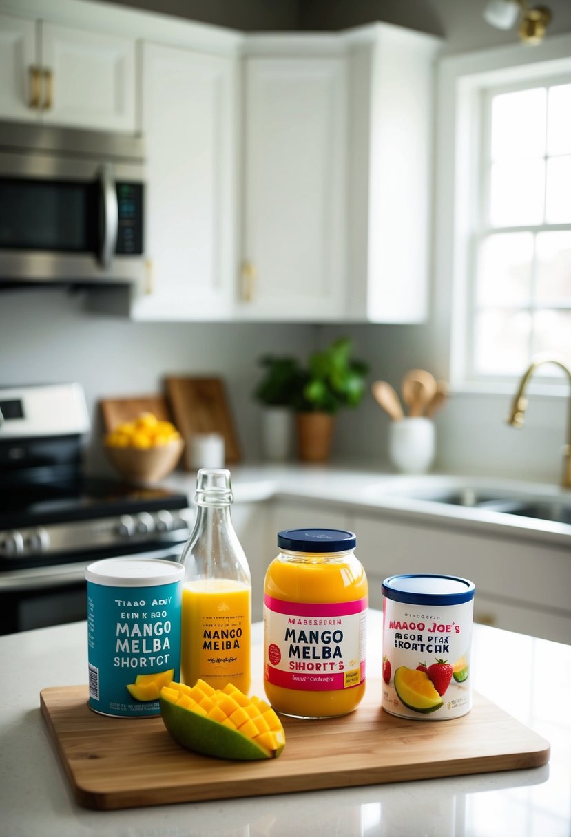 A kitchen counter with ingredients for Mango Melba Shortcake from Trader Joe's baking recipes