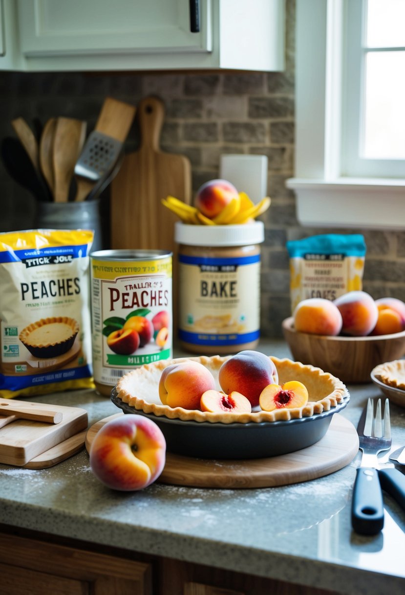 A rustic kitchen counter with fresh peaches, a pie crust, and baking utensils, surrounded by Trader Joe's products