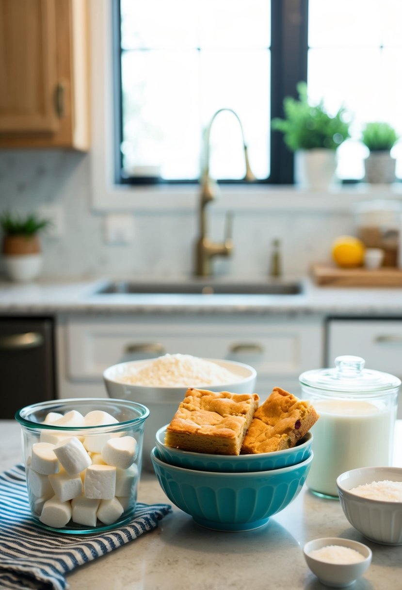 A kitchen counter with ingredients for Marshmallow Blondies from Trader Joe's baking recipes