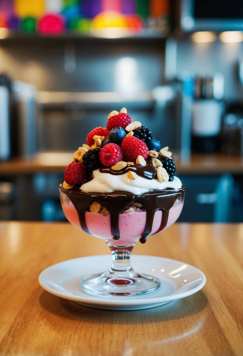 A colorful array of berries, nuts, and chocolate syrup atop a decadent sundae in a Trader Joe's kitchen