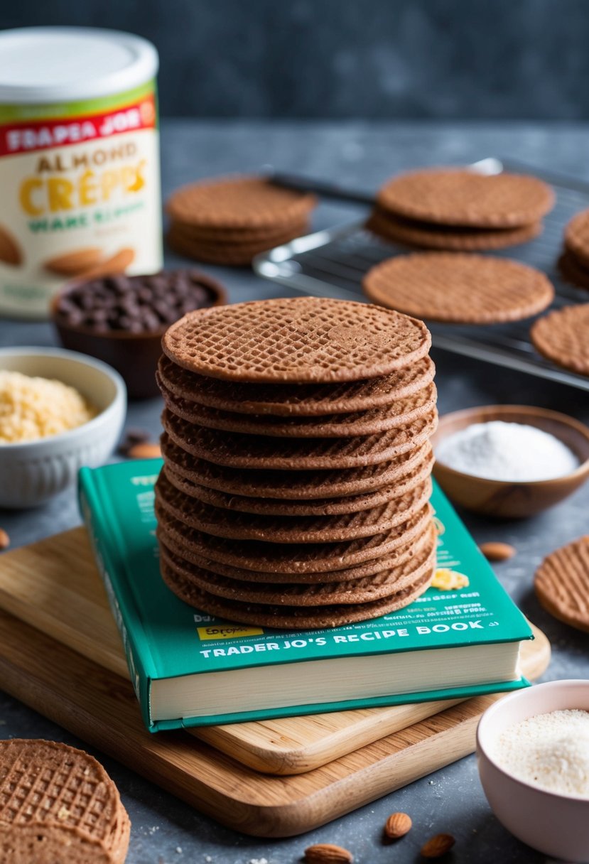 A stack of cocoa almond crêpe wafer cookies surrounded by baking ingredients and a Trader Joe's recipe book