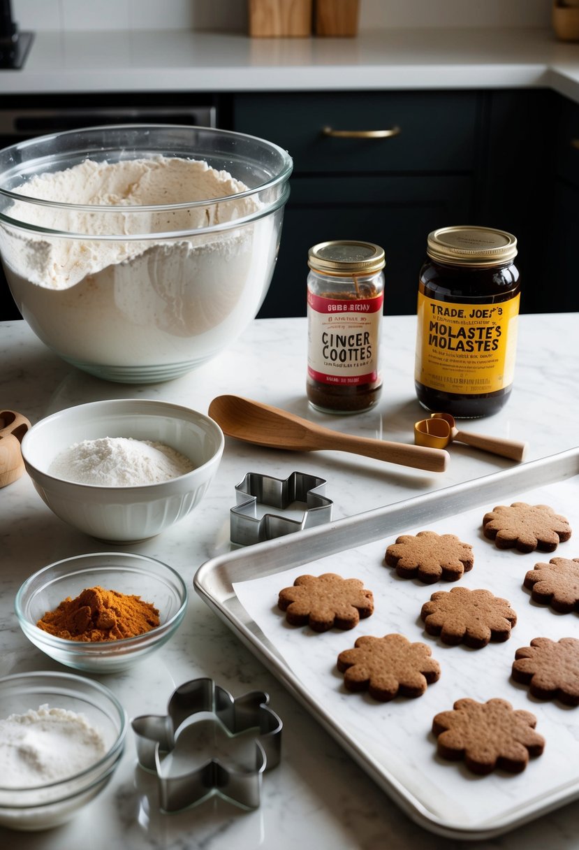 A kitchen counter with a mixing bowl, flour, sugar, spices, and cookie cutters. A tray of freshly baked ginger cookies sits next to a jar of Trader Joe's molasses