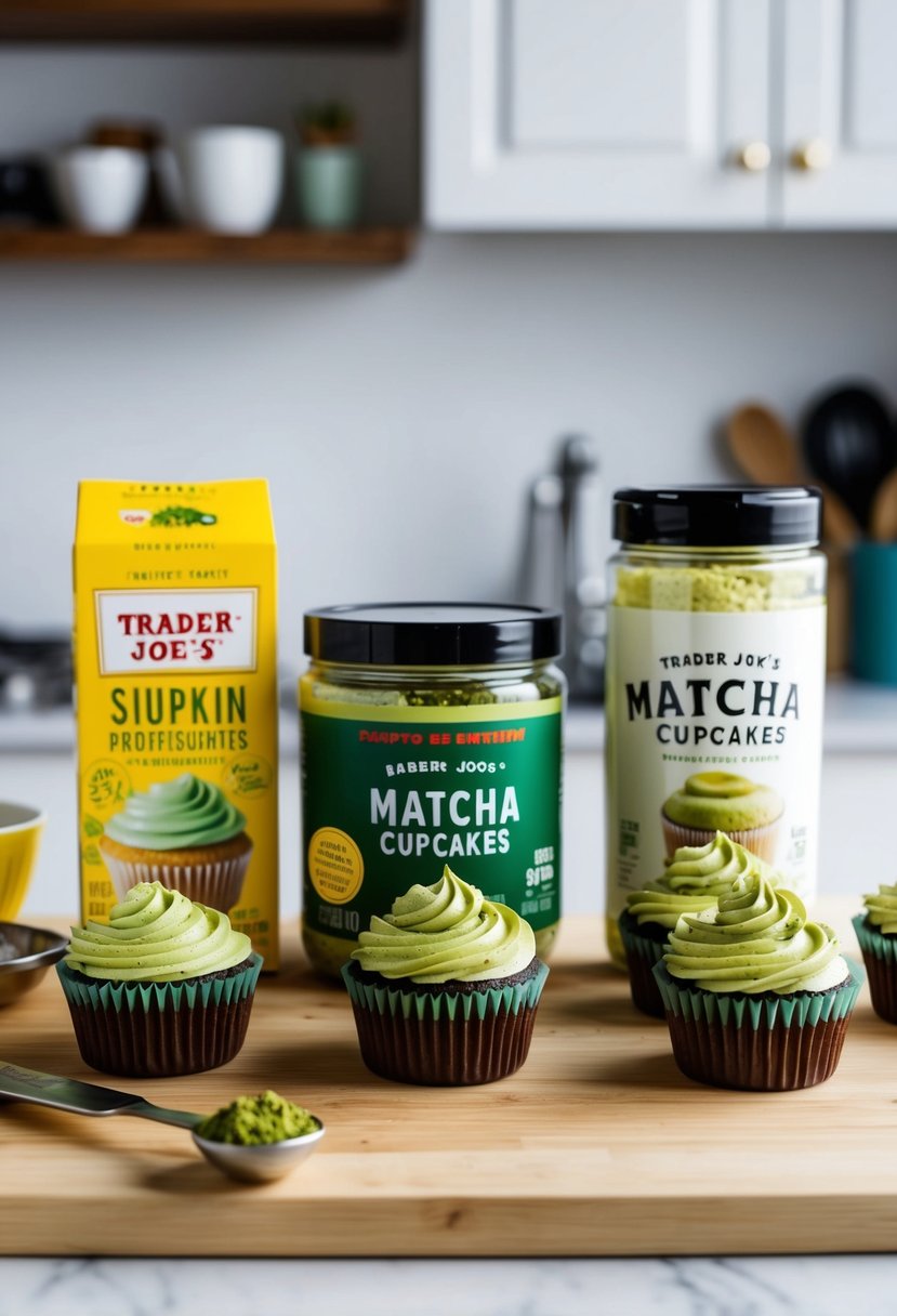 A kitchen counter with ingredients for Matcha cupcakes, including Trader Joe's products and baking utensils