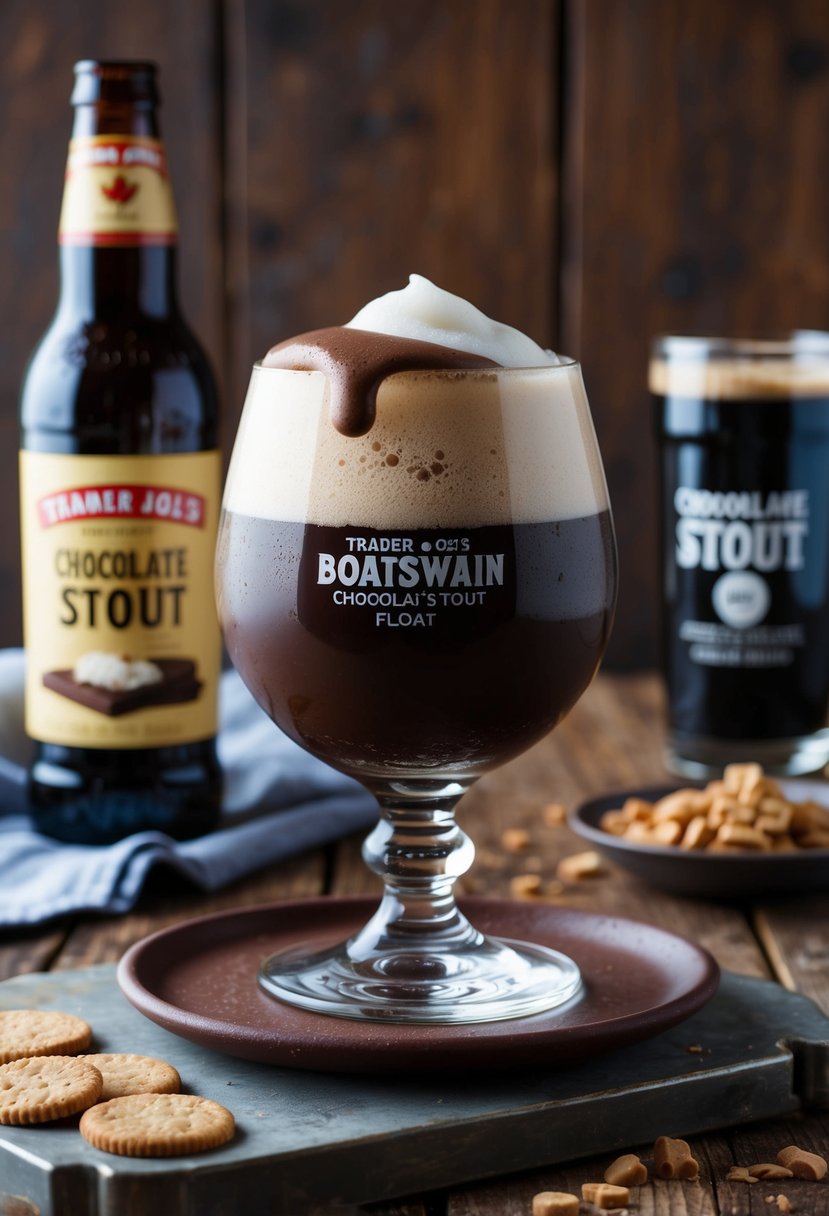 A glass filled with a rich, foamy Boatswain Chocolate Stout Float sits on a rustic wooden table surrounded by Trader Joe's baking recipes