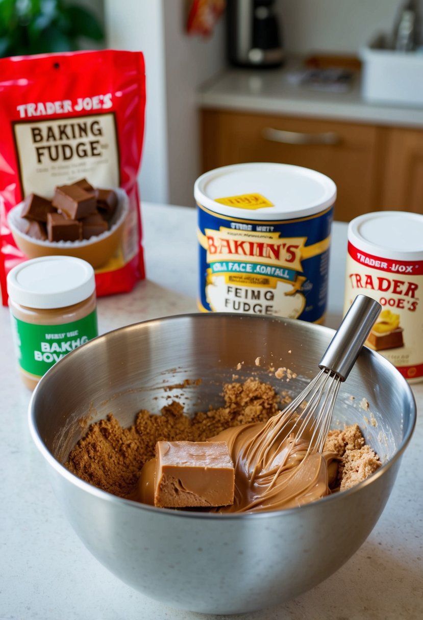 A kitchen counter with Trader Joe's baking ingredients and a flash of fudge being made in a mixing bowl