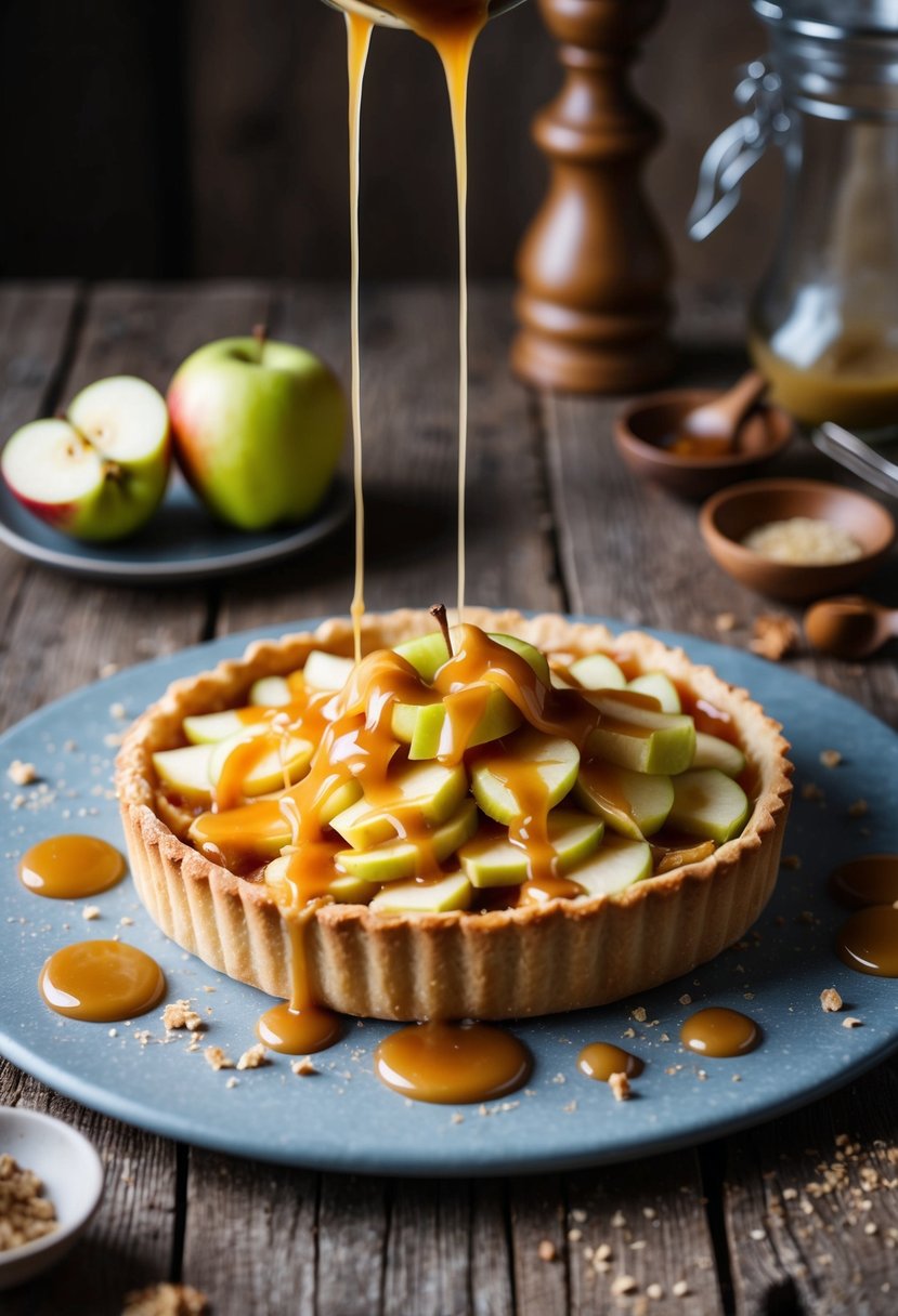 A French apple tart sits on a rustic wooden table, drizzled with caramel sauce and surrounded by scattered ingredients