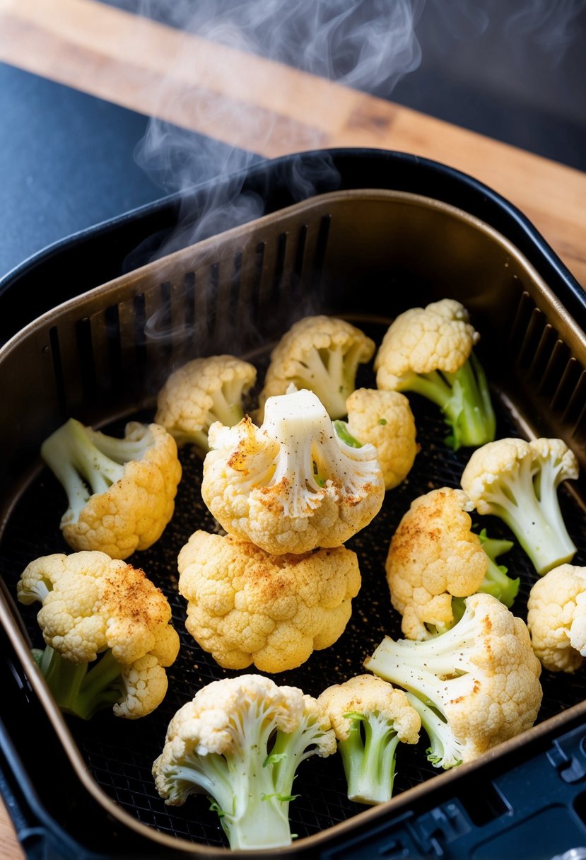 Fresh cauliflower florets being tossed in seasoning and placed in an air fryer basket, steam rising as they cook to a crispy golden brown