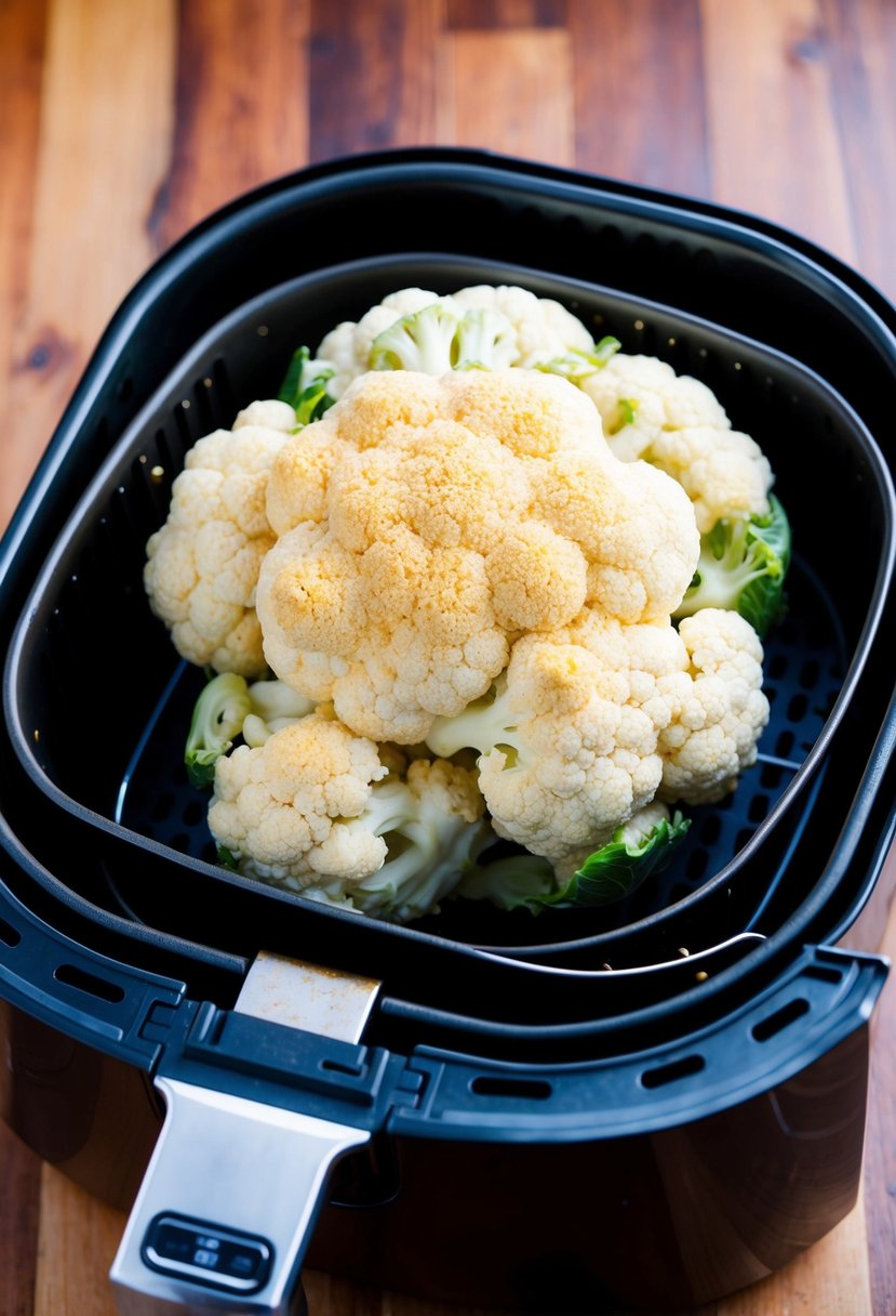 A head of cauliflower being coated in Parmesan and placed in an air fryer