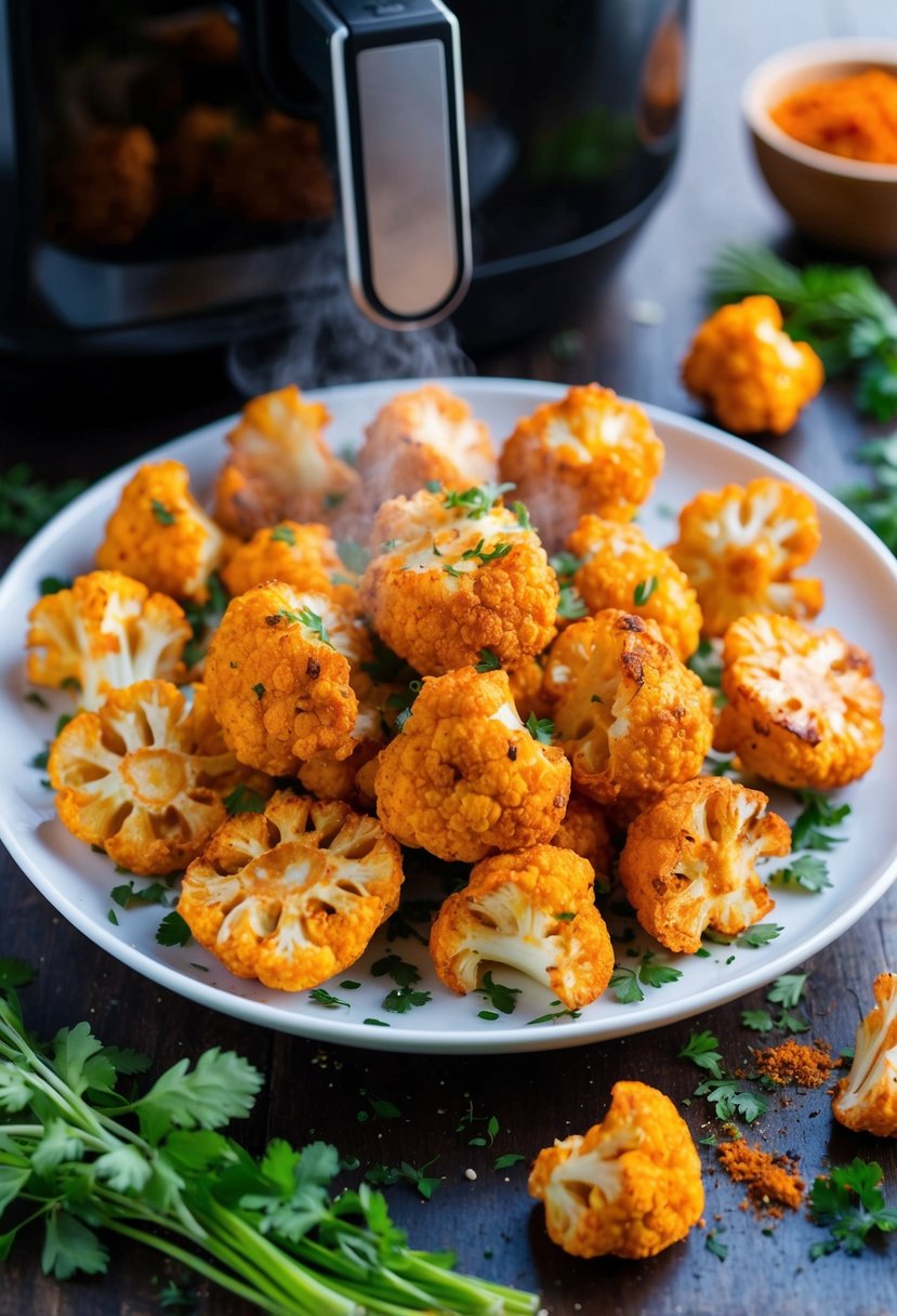 A plate of sizzling Buffalo Cauliflower Bites emerges from the air fryer, steam rising, surrounded by vibrant spices and herbs