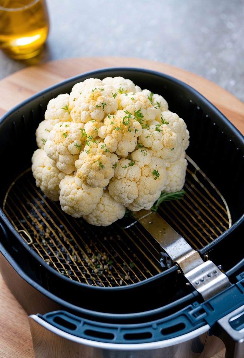 A head of cauliflower sits in an air fryer basket, coated in garlic and herbs, ready to be roasted