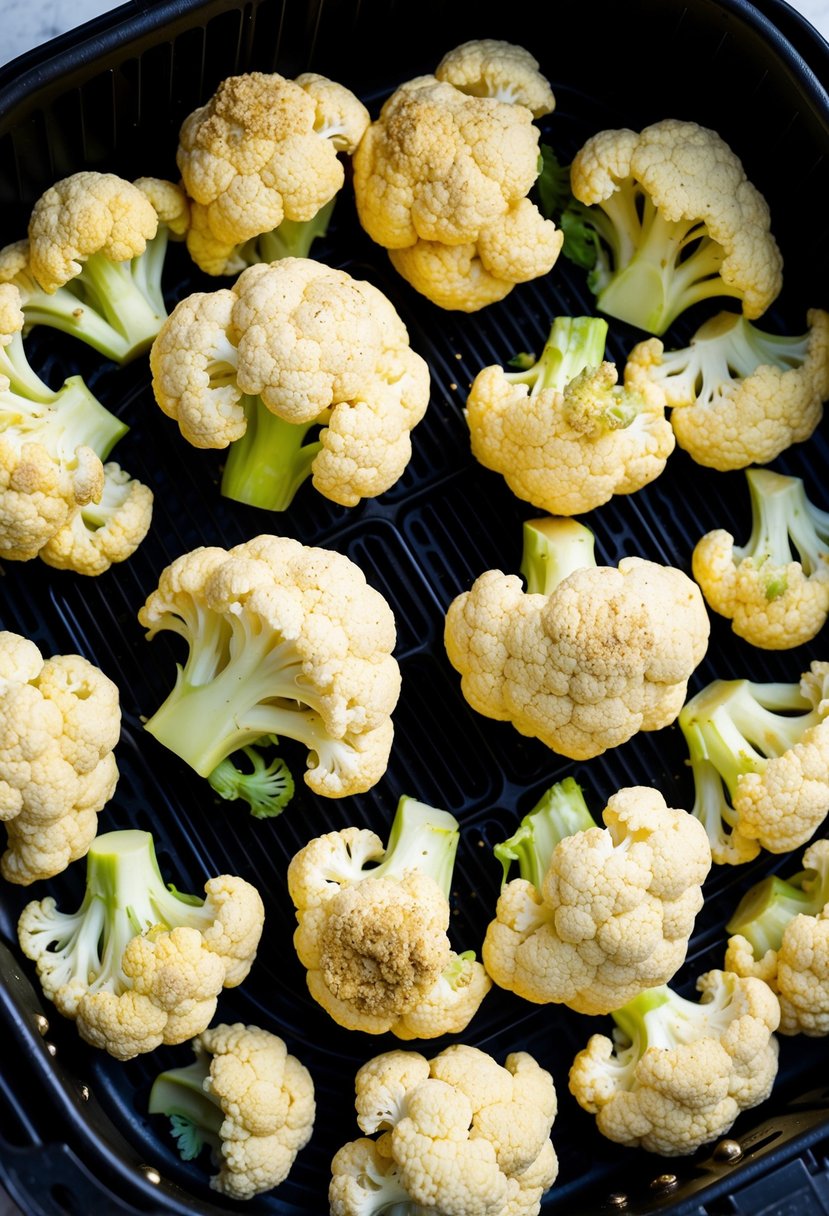 Cauliflower florets coated in lemon pepper seasoning, arranged in an air fryer basket ready to be cooked