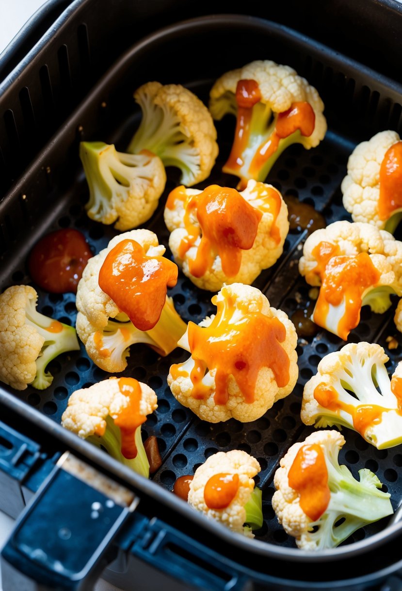 Cauliflower pieces coated in honey sriracha sauce sizzling in an air fryer