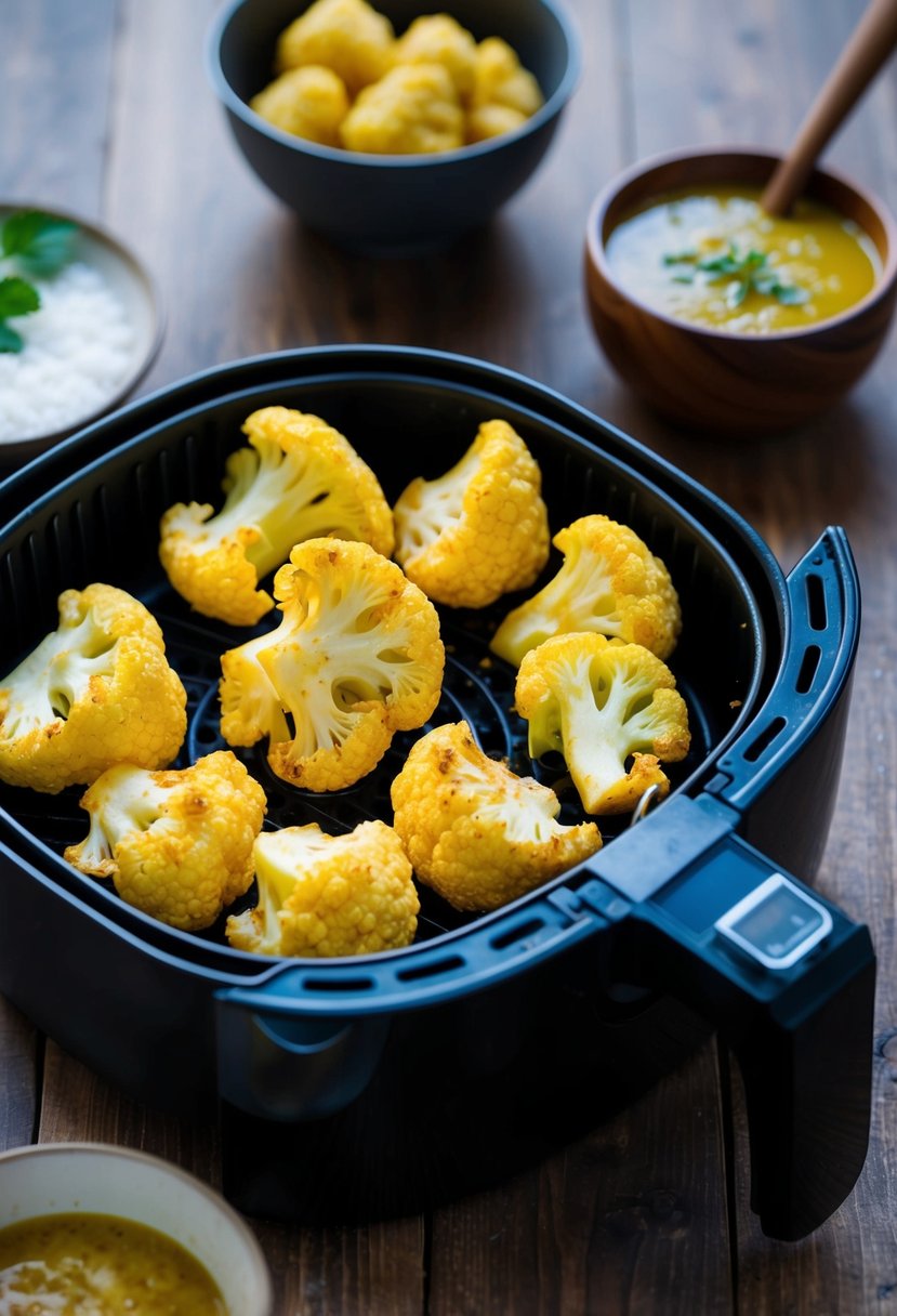 Golden cauliflower nuggets sizzling in an air fryer, infused with aromatic curry flavors