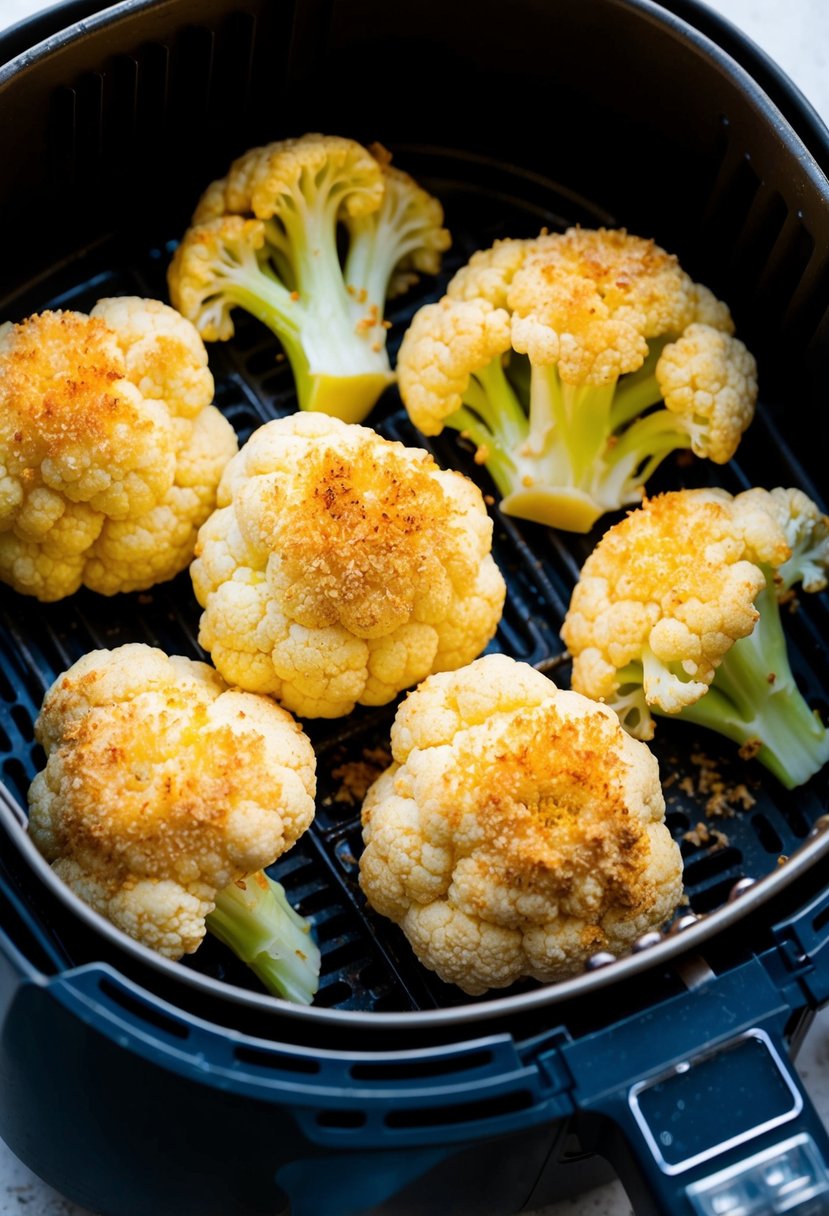 Golden cauliflower florets sizzling in an air fryer, coated in crunchy panko breadcrumbs