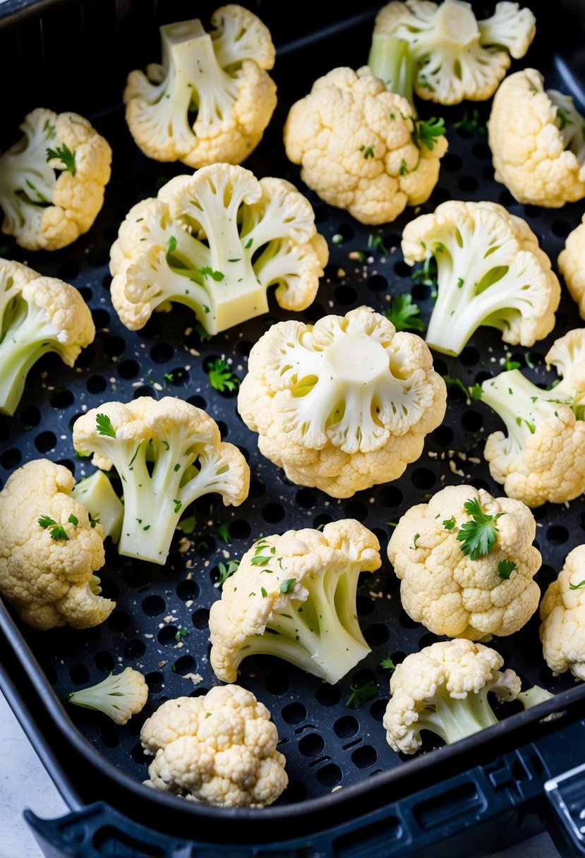 Cauliflower florets tossed in ranch seasoning, arranged on an air fryer tray, ready to be cooked into crispy snacks