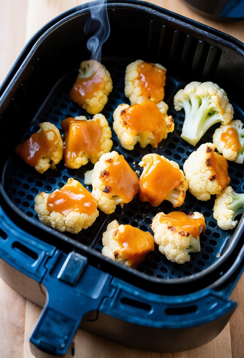 Cauliflower chunks sizzling in an air fryer, coated in a sticky sweet and sour sauce, with steam rising and a golden brown color