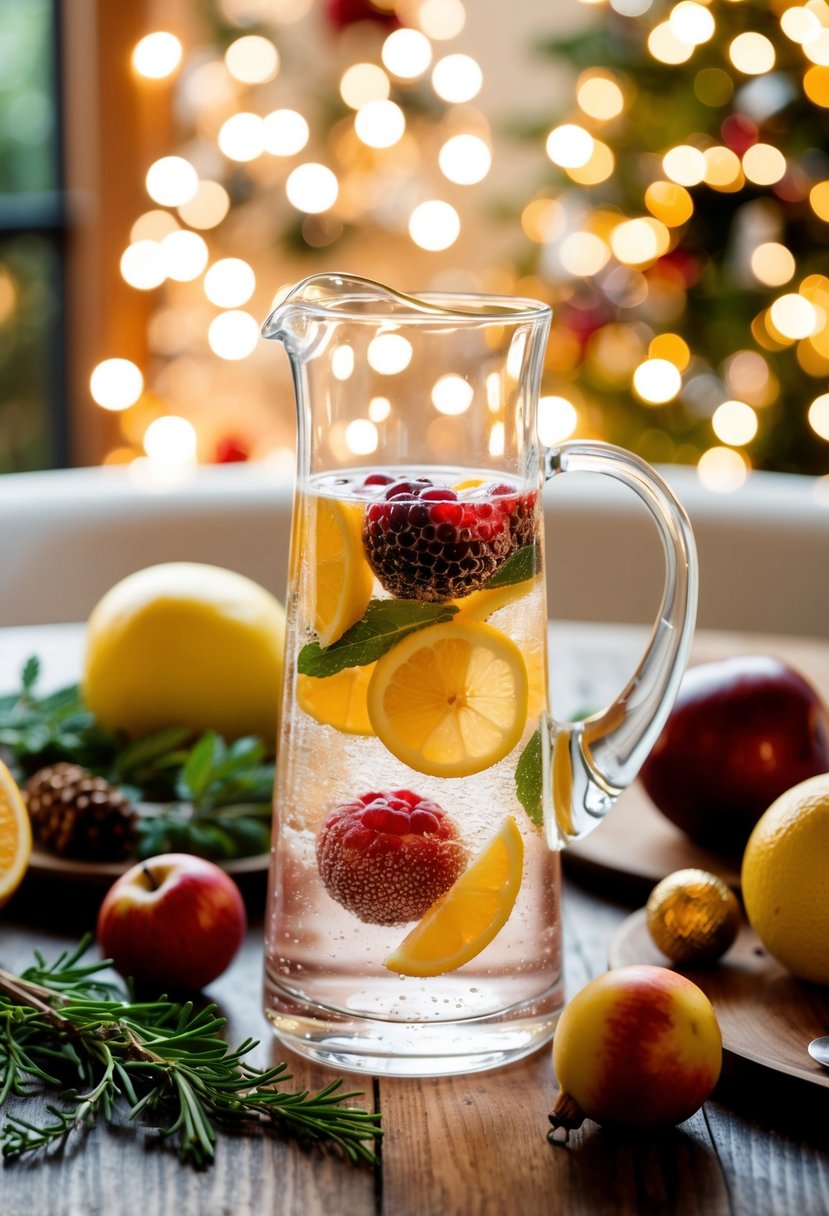 A glass pitcher of fruit-infused sparkling water surrounded by holiday fruits and herbs on a wooden table