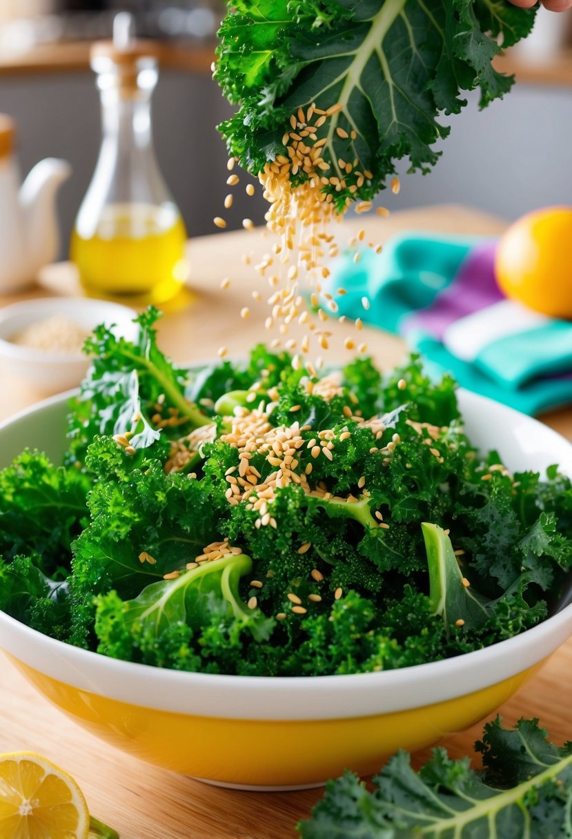 A colorful bunch of fresh kale leaves being tossed with sesame seeds and oil in a vibrant kitchen setting