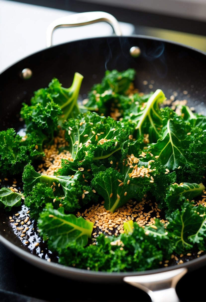 A sizzling skillet filled with vibrant green kale leaves being tossed with sesame seeds and aromatic spices