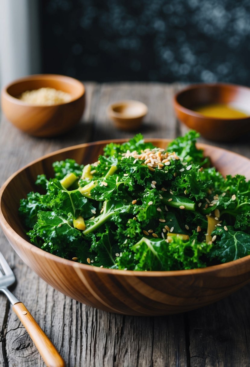 A vibrant kale salad with sesame seeds and ginger dressing in a wooden bowl on a rustic table