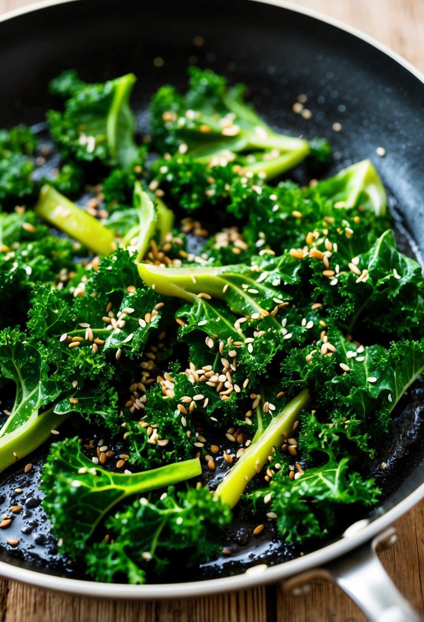 A sizzling skillet of sautéed kale with sesame seeds and spices