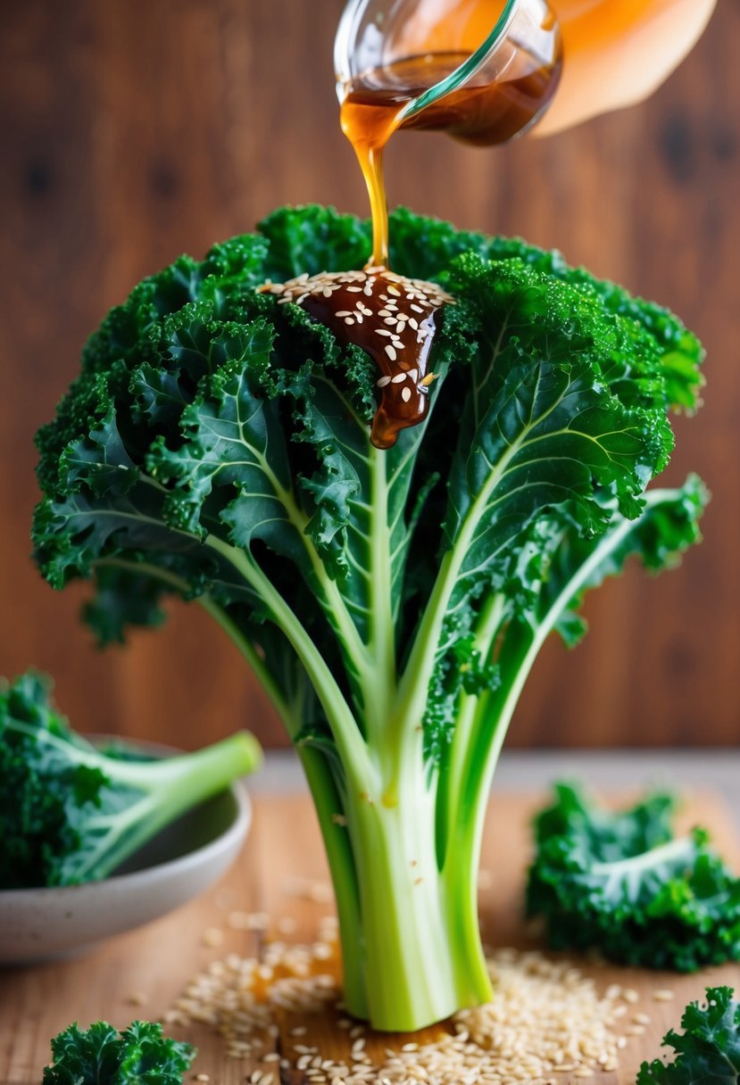 A vibrant bunch of fresh kale leaves being drizzled with tamari and rice vinegar, with scattered sesame seeds on top