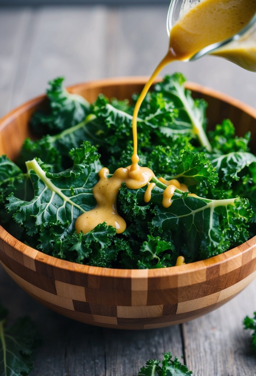 A bunch of fresh kale leaves being drizzled with sesame-ginger dressing in a wooden salad bowl